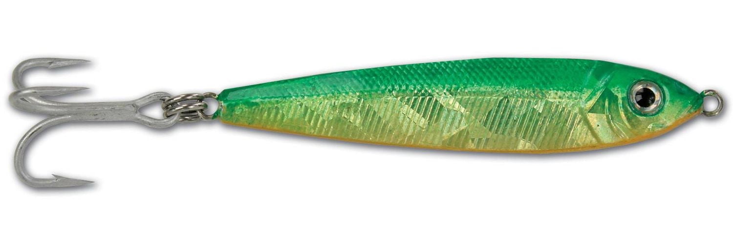 Leurre Jigfish, 3 1/2", 2 oz, hameçon triple 1/0, vert/chartreuse/orange Coulée ou jigging vertical