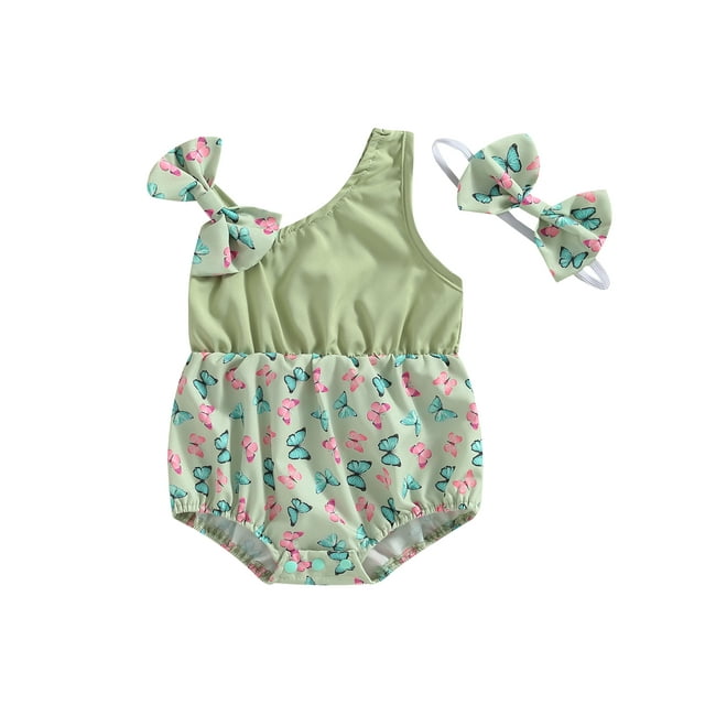 Kmbangi Ensemble de Barboteuse pour Bébés Filles Imprimé Rabbit Sans Manches + Bandeau Été Décontracté 0-18M