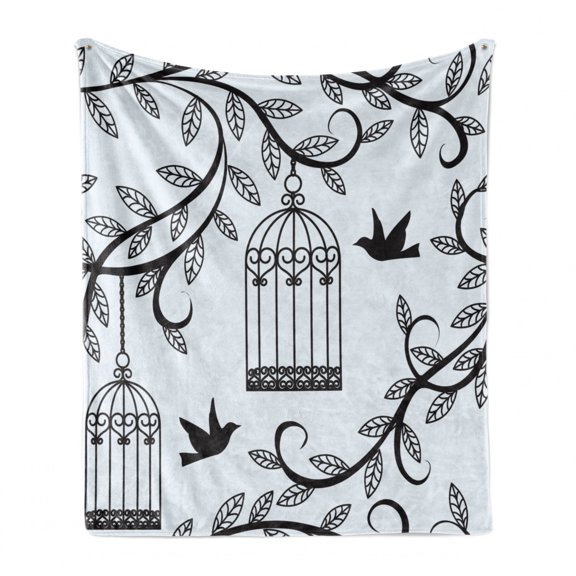 Birds Soft Flannel Fleece Throw Blanket, Ornate Cages Branch of Tree Silhouette and Animals Floral Modern Print, Cozy Plush for Indoor and Outdoor Use, 50" x 60", Blue Black, by Ambesonne