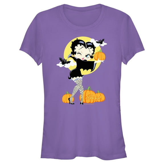 Junior's Betty Boop Halloween Pumpkins Graphic Tee Purple Small