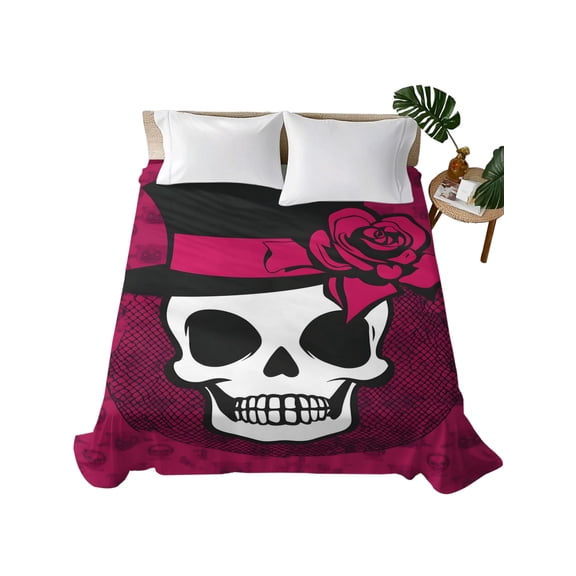 Queen Flat Sheet Pink Rose Top Hat Skull Flat Sheets Only Soft Breathable Microfiber Bedding Top Sheets Luxury Hotel Quality Trendy Fashion Skeleton Queen Bed Sheet for All Season Bedroom Dorm