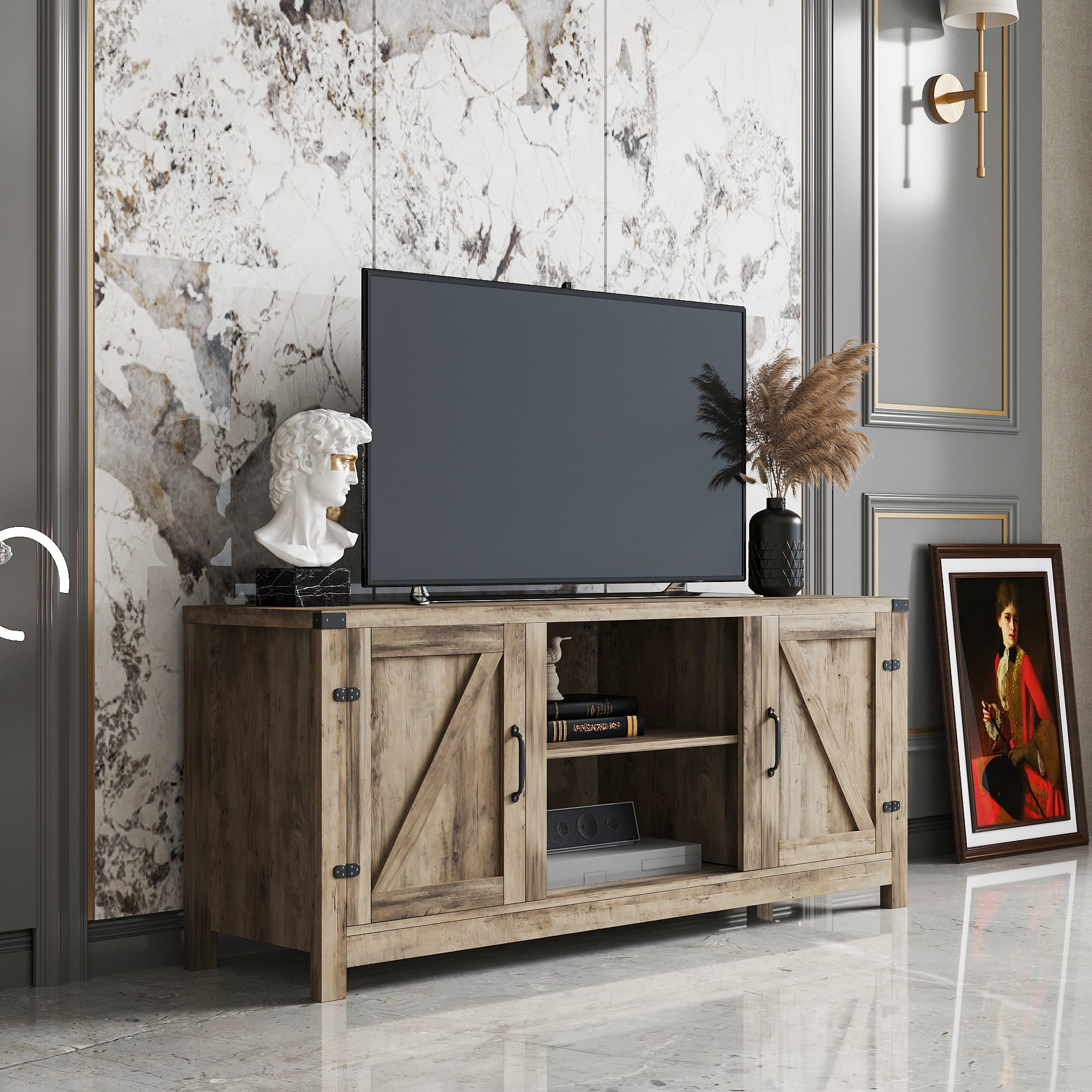 SUGIFT Modern Farmhouse TV Stand Rustic Barn Two-Door TV Cabinet for TVs up to 65", Gray Wash