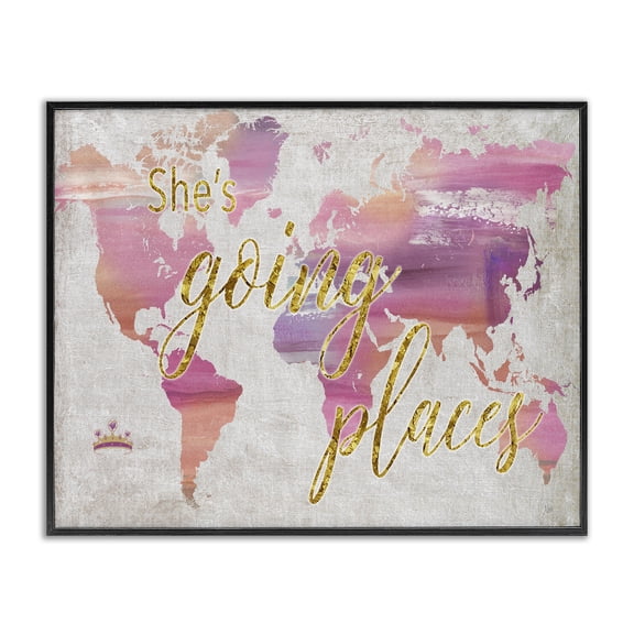 Stupell Industries Shabby Chic Glam Pink Ombre Map She's Going Places Phrase Black Framed Giclee Art, 14 x 11, by Nan