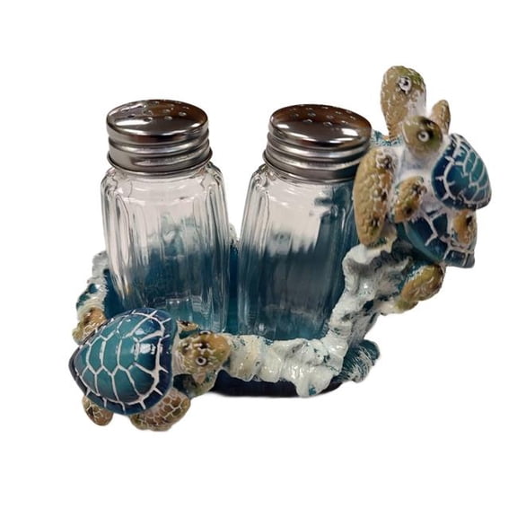 De Leon Collections 14682 Polyresin Ocean Blue & White Sea Turtle Wave Nautical Beach Theme Salt and Pepper Shaker Holder Set