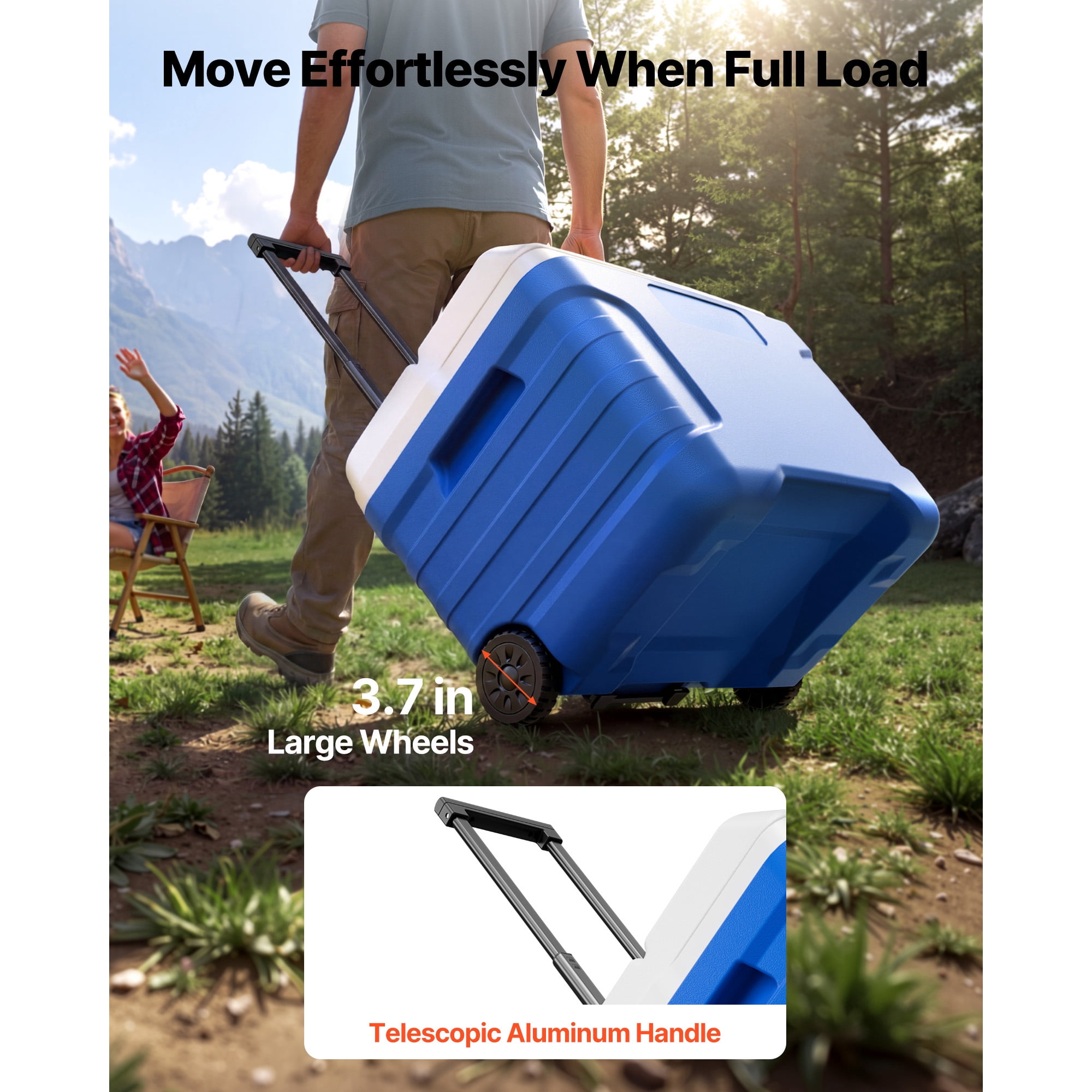 KFFKFF 45QT Portable Rolling Cooler with Wheels, Insulated Ice Chest for 48-Hour Cooling, Lightweight and Leak-Resistant Design for Outdoor Activities, Picnics, Camping, and Grilling