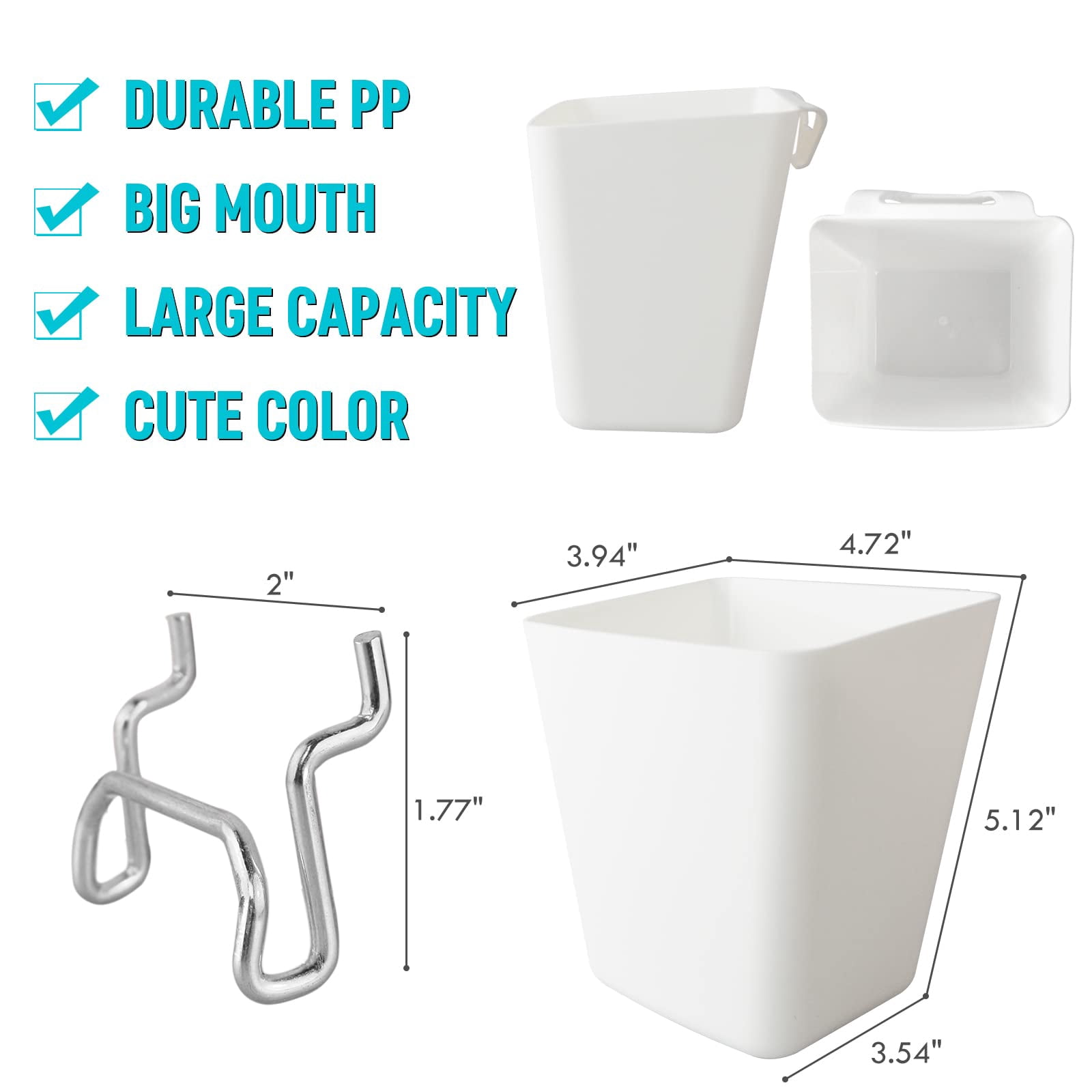 Large Pegboard Cups Peg Board Storage Bin 6 Pack With Hooks  Square Box Shape Cup Holder Accessories For Garage Workbench/craft Room/office/playroom/home Kitchen Organization (white)