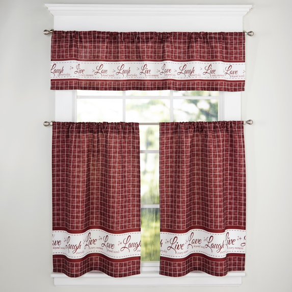 Live Laugh Love Window Tier and Valance Set - 24” - Burgundy - 3 Pieces