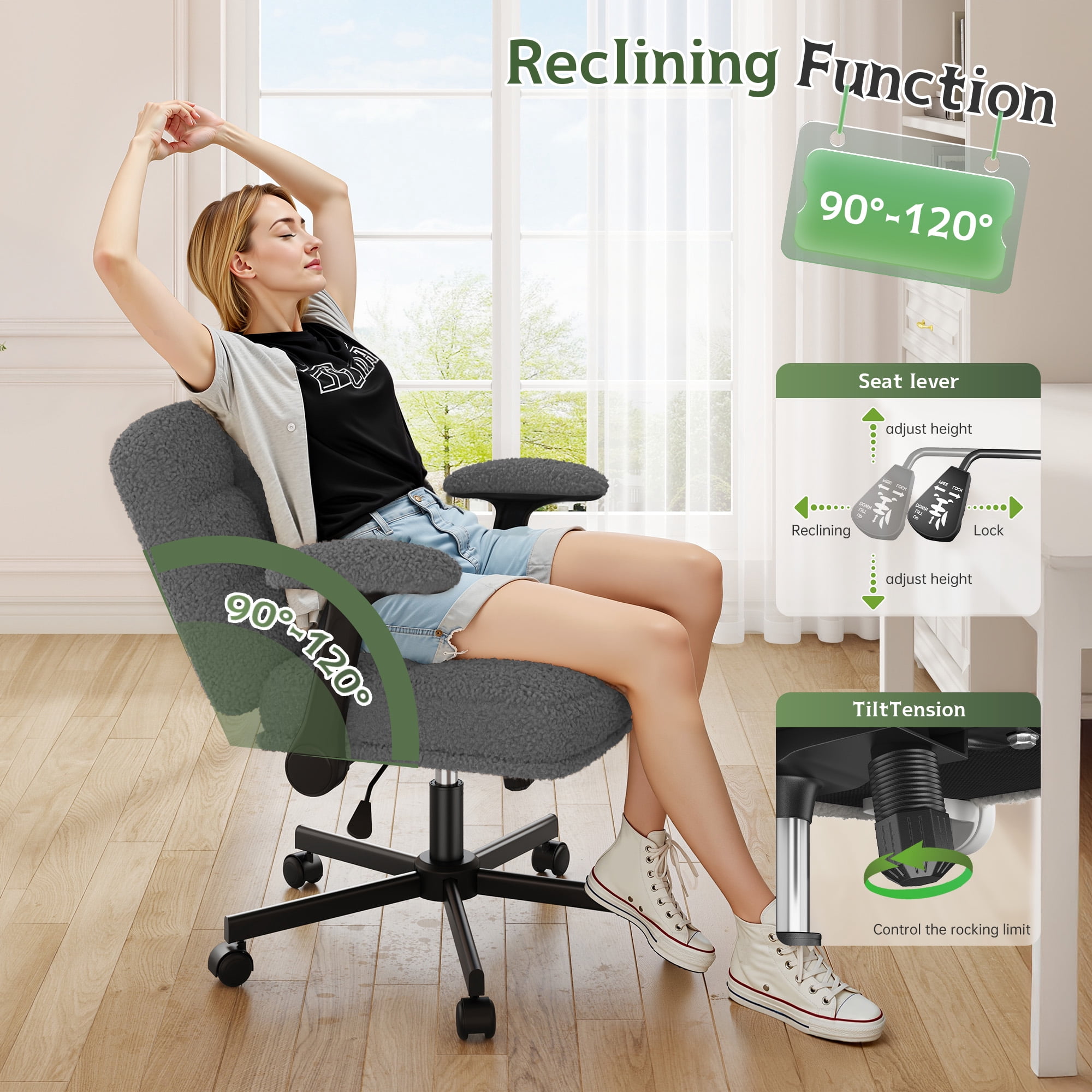 Romorgniz Criss Cross Chair with Flip-up Arms & Wheels Desk Chair with Adjustable Height & Teddy Plush Fabric for Bedroom, Home Office Desk, Vanity, Gray