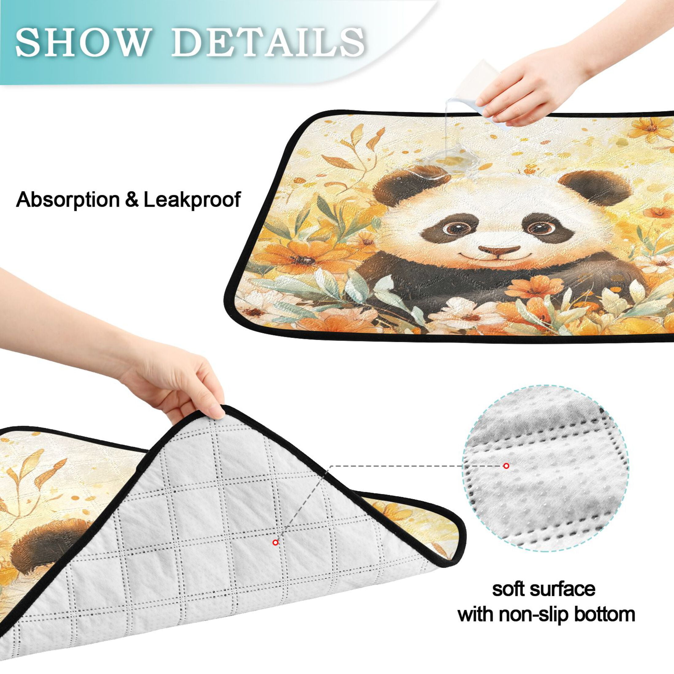 Qxltty Cute Panda Surrounded by Flowers Cat litter Pads Pet Set of 3 Diaper Mats Center Anti-leakage Layer Absorbent Soft and Comfortable
