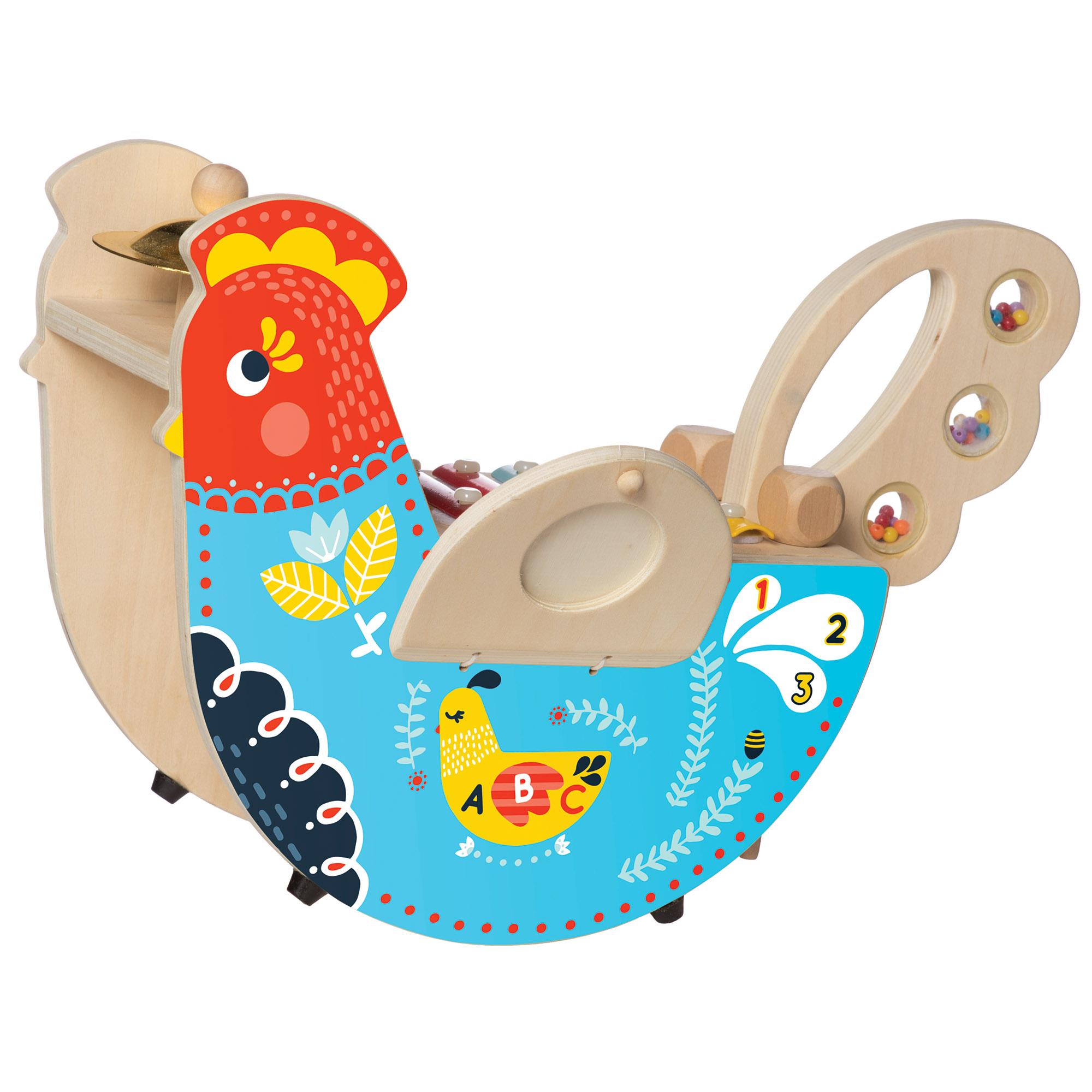 Manhattan Toy Musical Chicken Wooden Instrument for Toddlers with Xylophone, Drumsticks, Cymbal and Maraca - image 2 of 9