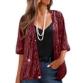 thumbnail image 2 of Women's Sequin Jacket Three Quarter Sleeve Blazer Top for Casual Party Night Out Vacation Beach Clubwear Fashion Essential Gift for Ladies | CSEONE,Wine XL, 2 of 8