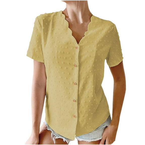 Usmixi Womens Shirts V-Neck Short Sleeve Solid Summer Cute Tops Casual Button Down Lightweight Chiffon Cardigan Blouses Yellow l Clothes