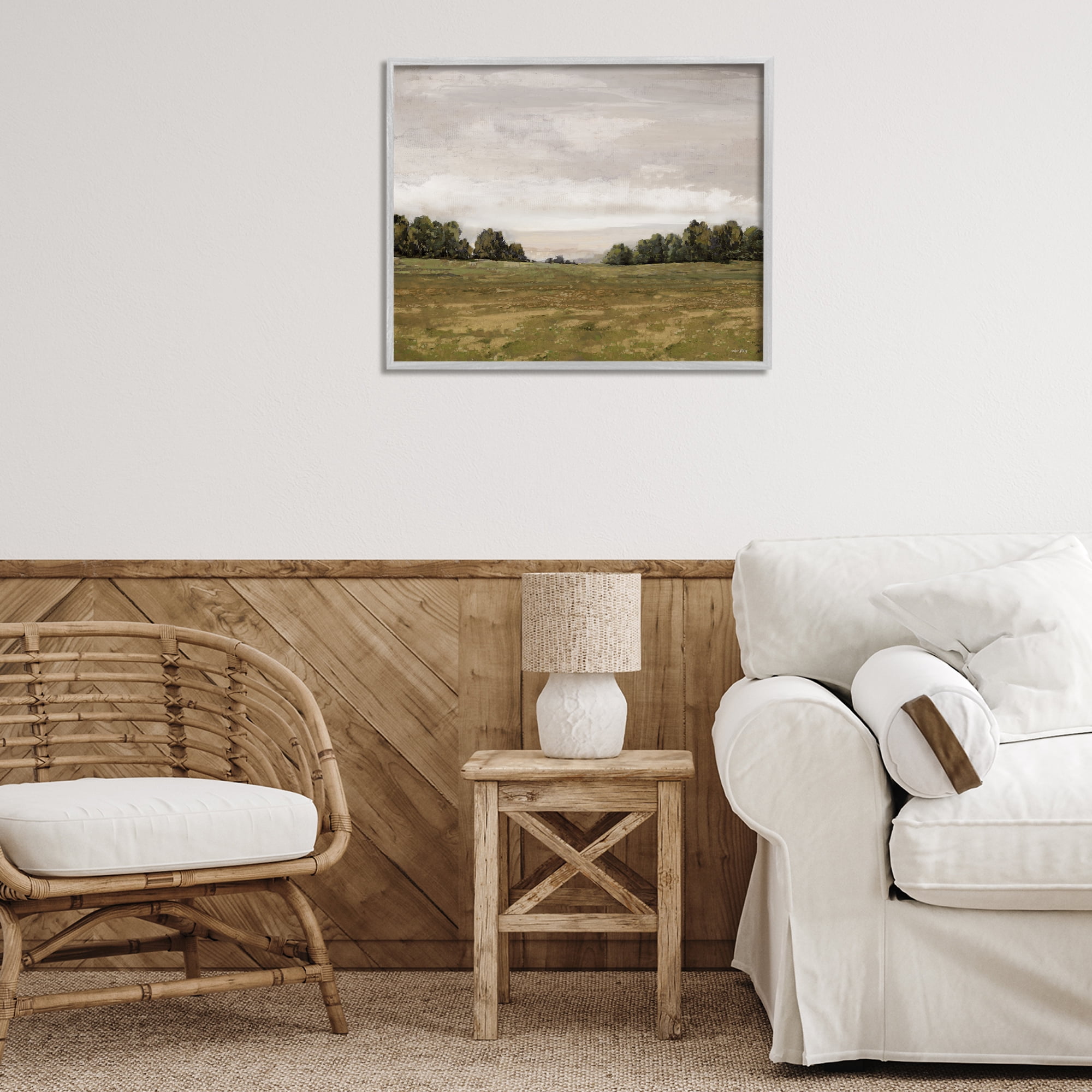 Stupell Industries Distant Trees Grassland Landscape Painting Gray Framed Art Print Wall Art, 30 x 24