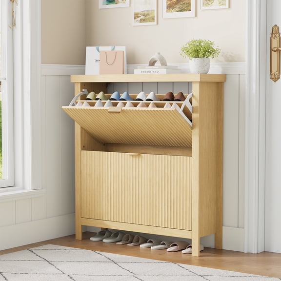 Fluted Shoe Storage Cabinet with 2 Flip Drawers, Space Saving Shoe Organizer for Entryway