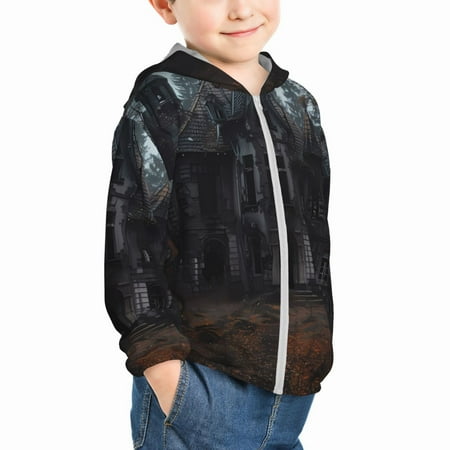

Uemuo Gloomy Mansion Forest Scene Pattern Rash Guard for Boys Girls Long Sleeve Swim Shirts UPF 50+ UV Sun Protection Hooded Fishing Shirt with Pocket for Kid-5 Years