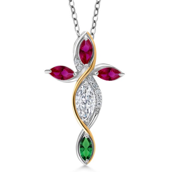 Cross Necklace for Women in 925 Silver and 10K Yellow Gold Lab Grown Diamond and Created Ruby and Nano Emerald | 1.56 Cttw | Jesus Christian Religious Crucifix | Marquise Cut 8X4MM | 18 inch Chain