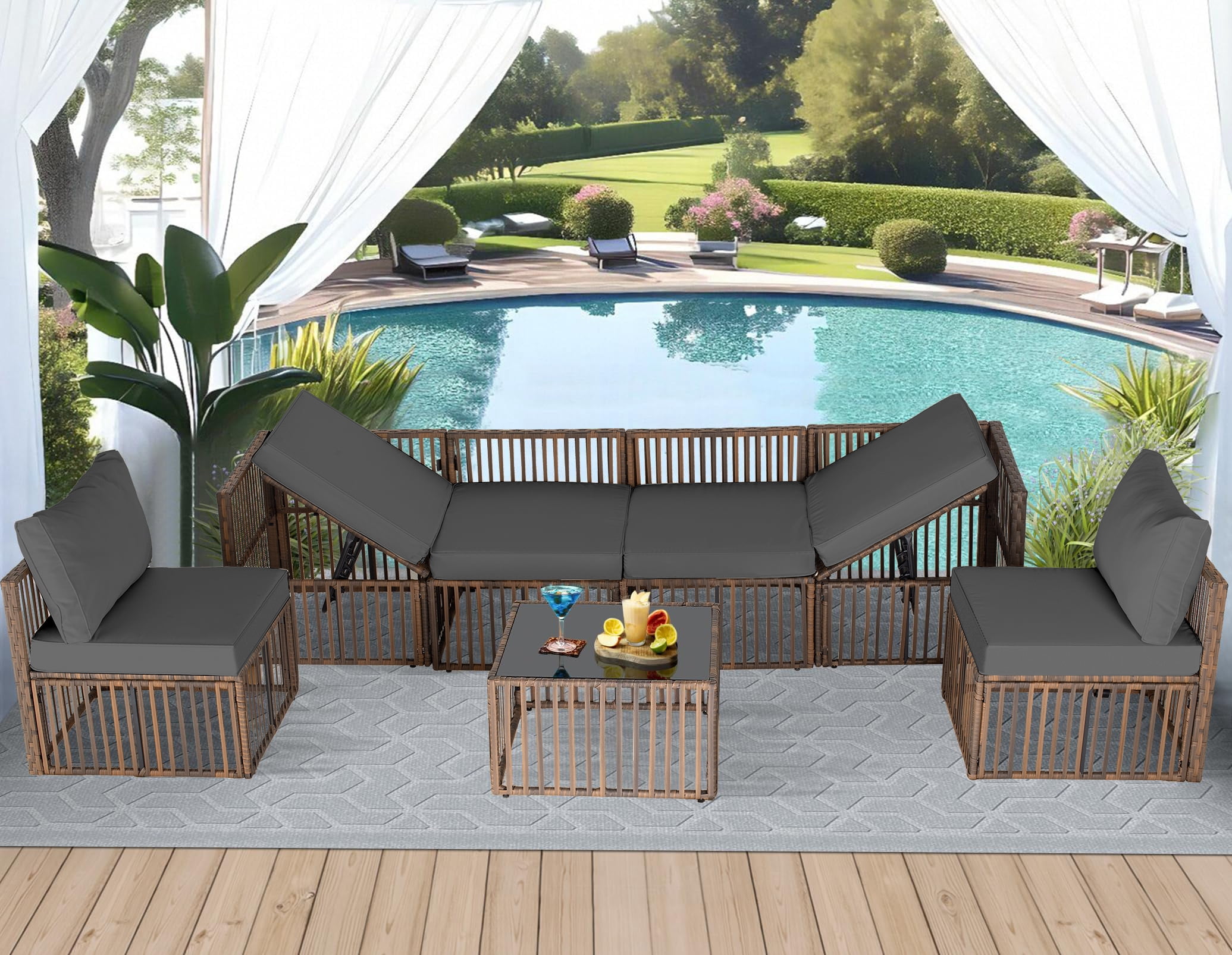 7 Piece Outdoor Sectional Sofa Set, All-Weather Patio Furniture with Washable Cushions, Waterproof Brown Rattan Wicker Conversation Set for Backyard, Poolside, Gray Cushion
