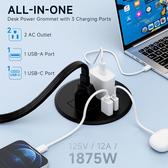 PYYAN-Desk Power Grommet Outlet, Recessed Power Outlet with 20W USB-C Fast Charging, 3.15 inch for Conference Rooms, Office Tables, Furniture, 6.5FT Cord(UL Listed)