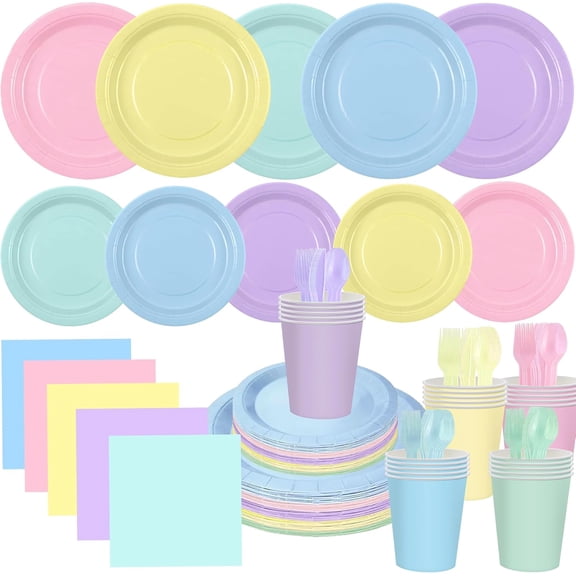 200 Pcs Pastel Party Supplies Disposable Dinnerware Set, Includes Paper Plates Cups Napkins Plastic Forks Knives Spoons for Spring Easter Wedding Birthday Party Decorations Serves 25 Guests