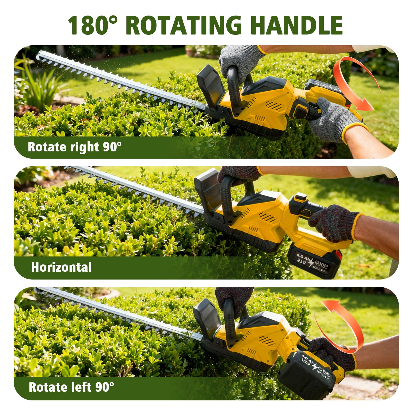 GiftGalore 21V Cordless Hedge Trimmer, 2-in-1 Hedge & Shrub Shear with 21-Inch 180° Rotating Head, 2×4.0Ah Lithium Battery & Charger Included, 120Min Runtime, Yellow