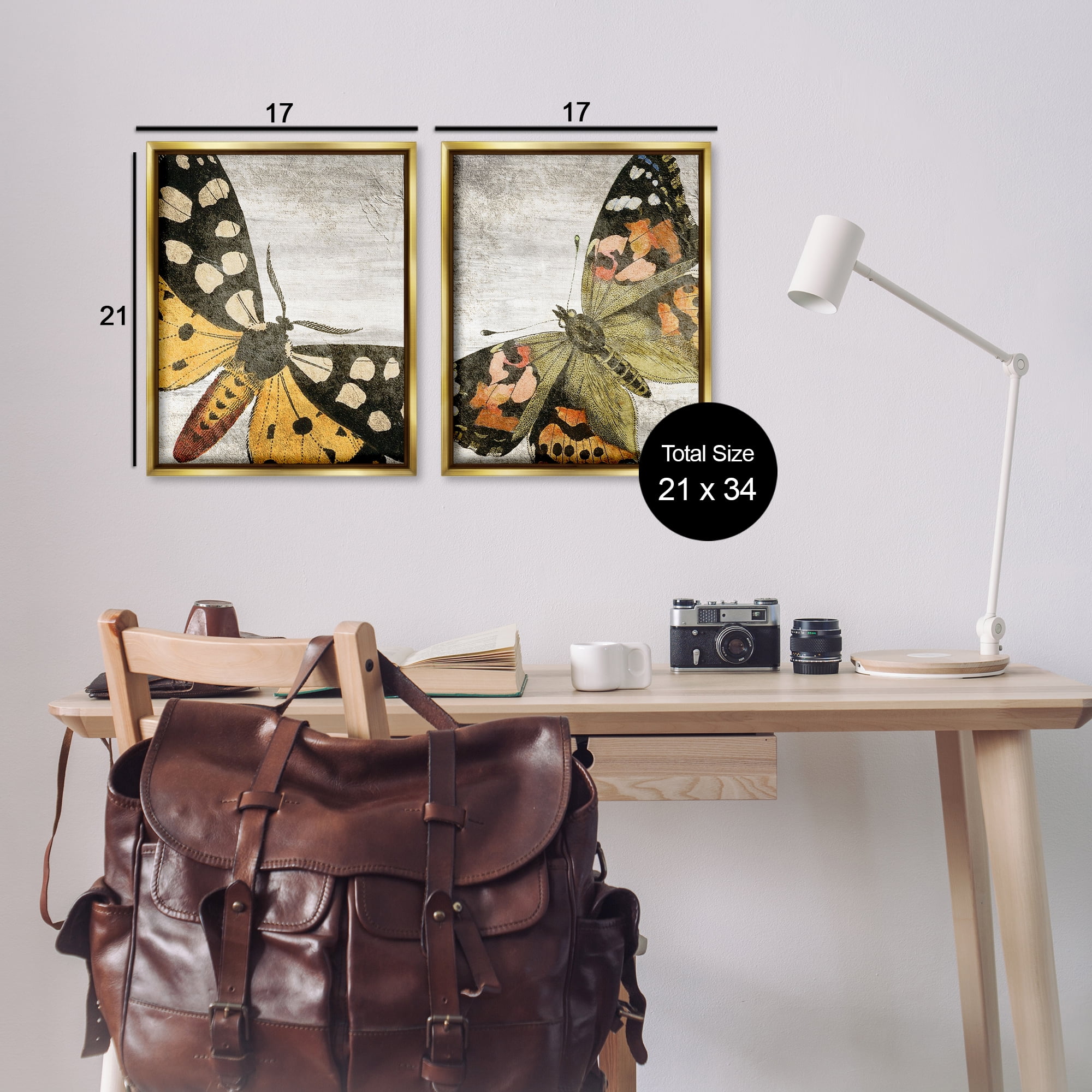 Stupell Industries Vintage Spotted butterflies Animals Painting Gold Floater Framed Canvas Art Print Wall Art, 17 x 21, Set of 2