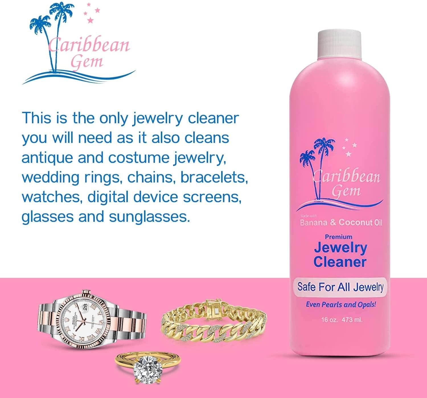 Caribbean Gem Natural Banana & Coconut Oil Jewelry Cleaner with Polishing Cloth, For Gold, Silver and Precious Gems, Ammonia Free, Hypoallergenic Jewelry Cleaning Solution (16oz)