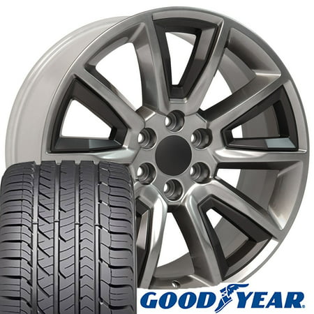 22x9 Wheels & Tires fit GMC Chevy Trucks and SUVs - Chevrolet Tahoe Style Satin Black Insert Hyper Black Rims and Goodyear Tires, Hollander 5696 - (Best Tires For Chevy Malibu)