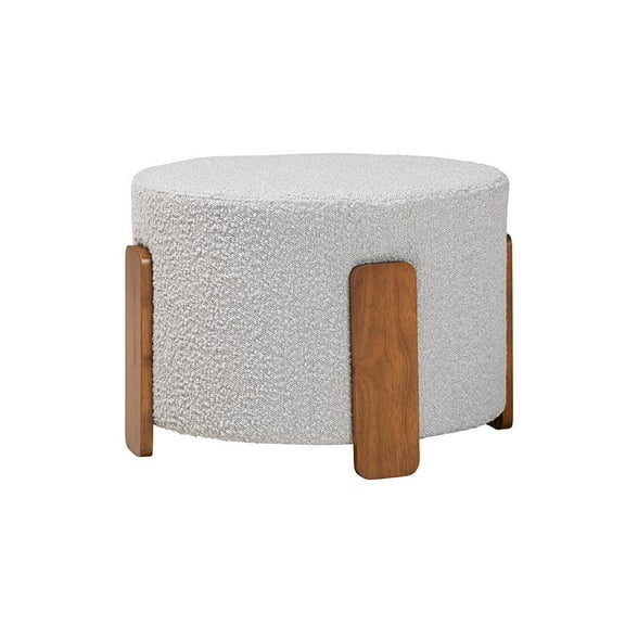 Baxton Studio Finlay Light Gray Boucle Fabric and Brown Wood Ottoman Footstool