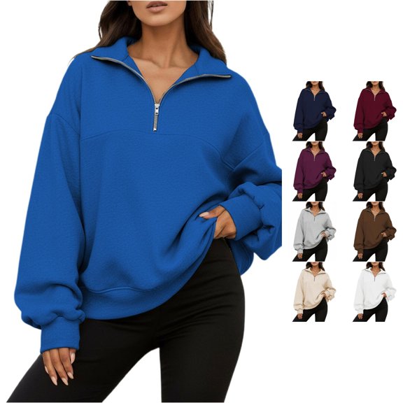 CAIVO Women Half Zip Pullover Sweatshirt Lapel Long Sleeve Casual Loose Fit Outerwear Tops For Autumn Winter Fashion Comfortable Soft Solid Color Holiday Fall Streetwear