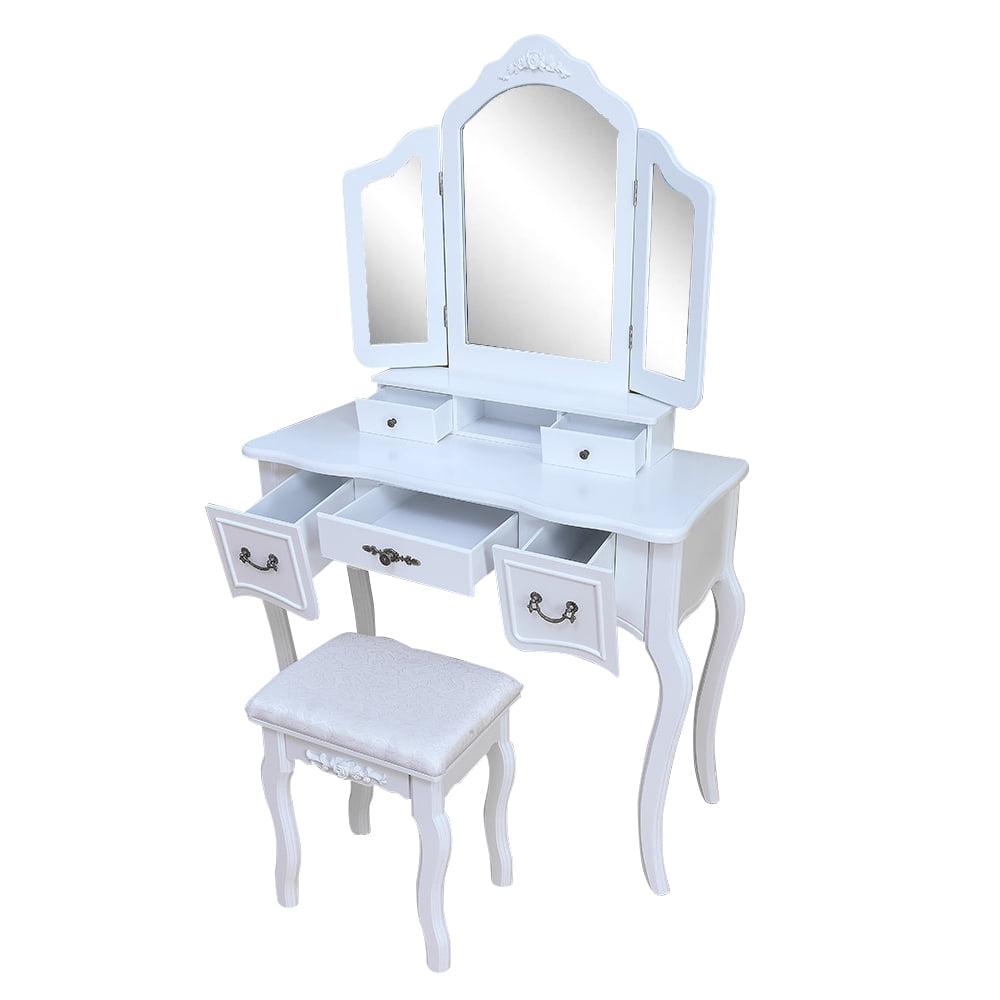 Kepooman Vanity Table Set, Tri-fold Mirror Dresser Table with Dressing Stool, White Kepooman Vanity Table Set, Tri-fold Mirror Dresser Table with Dressing Stool, White