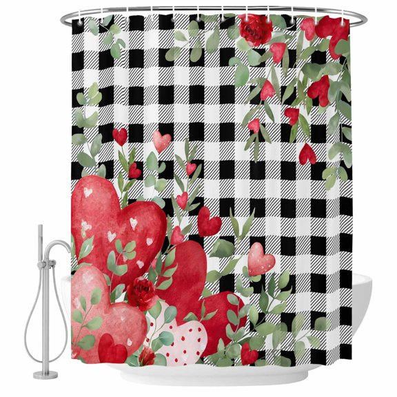Love Heart Valentines Day Shower Curtain Set - Long 72" x 84" Washable Bathtub Curtain with 12 Hooks, Botanical Eucalyptus Red Black Plaid Waterproof Fabric Shower Curtains for Bathroom/Bathtub