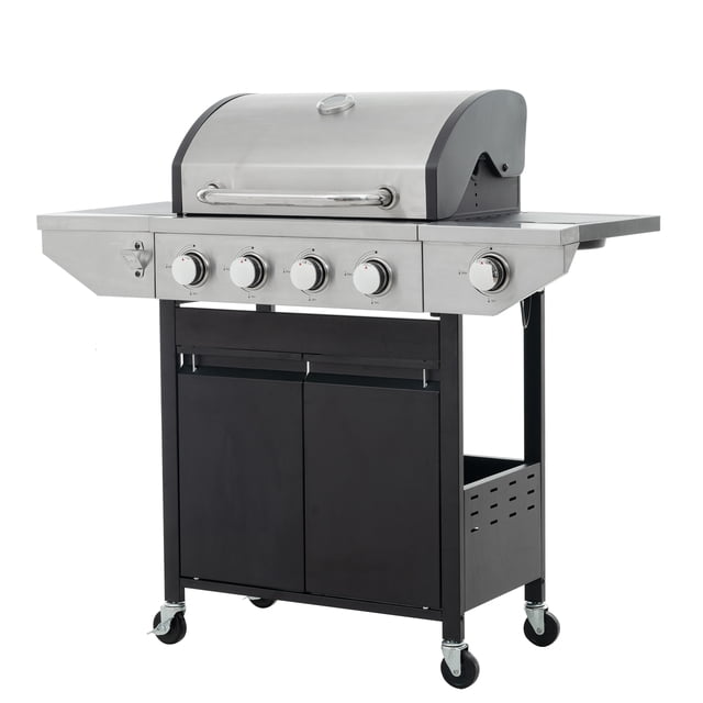 46500 BTU Stainless Steel Gas Grill with Side Burner, Thermometer, Push-Button Ignition, Even Flame for Outdoor BBQ, 4 Casters