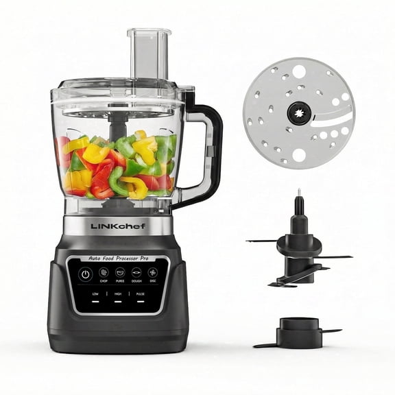 LINKChef 1000W 9-Cup Food Processor & Vegetable Chopper, 4 Presets (Chop, Slice, Puree, Dough), 3-Speed, Slicing/Shredding Disc, Kneading Blade
