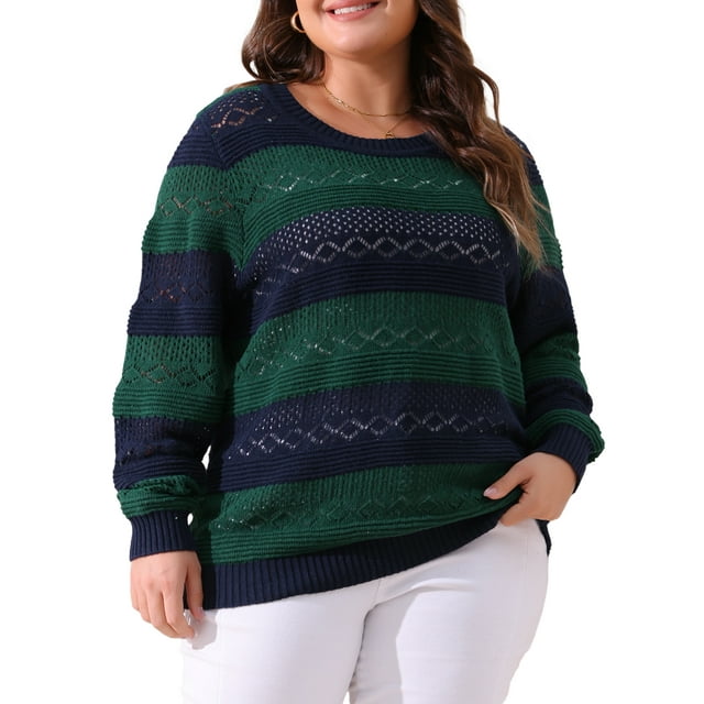 Suéteres de talla grande Agnes Orinda para mujeres, de manga larga, cuello redondo, livianos, de punto hueco, tops pulóver 3X en verde y azul