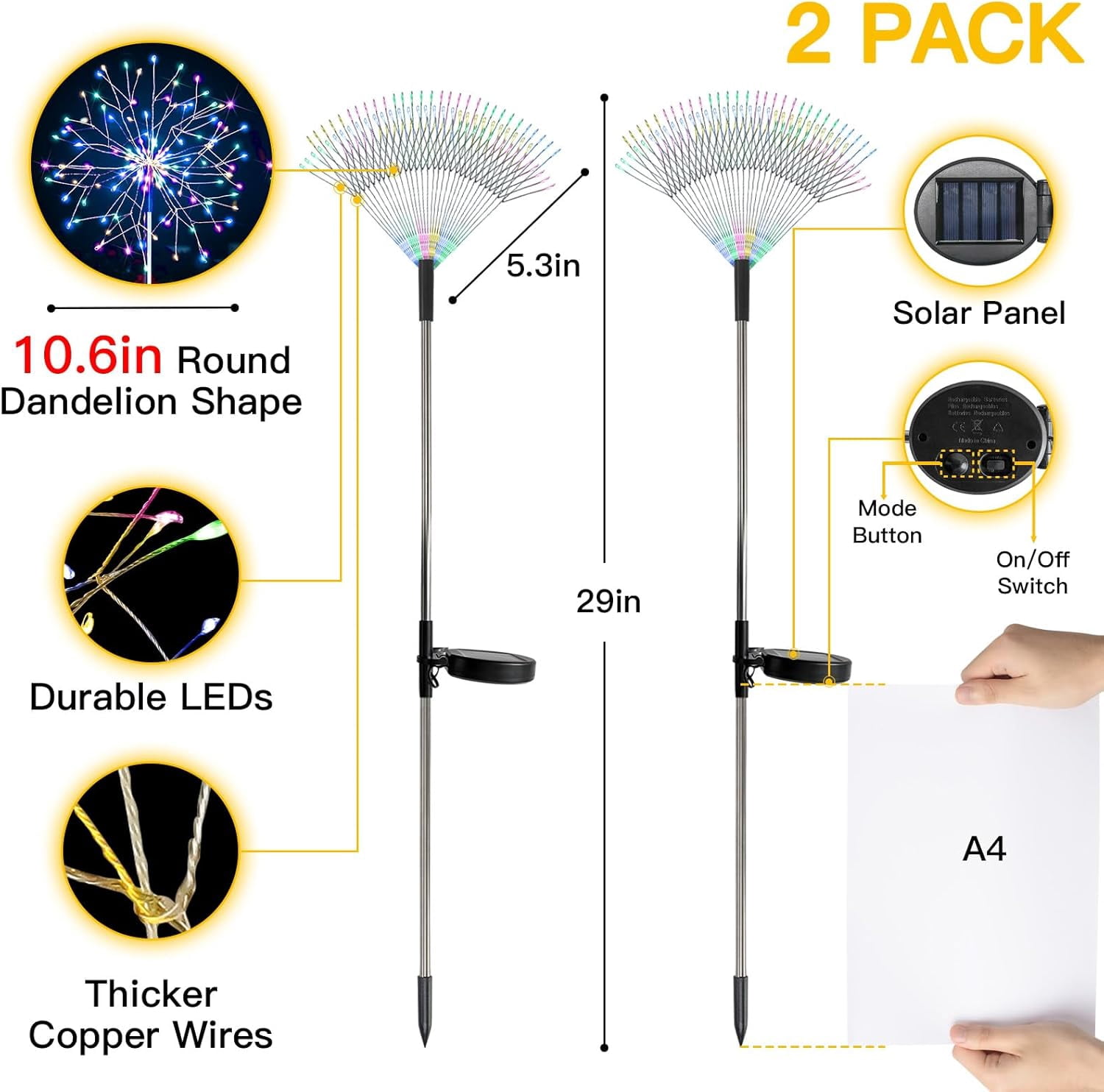 Solar Garden Lights Outdoor Waterproof Decorative, 2Pack 150LED Firework Lights 8 Modes, Multicolor Solar Fairy Light for Yard, Patio, Pathway, Flowerbed Party Wedding Decor