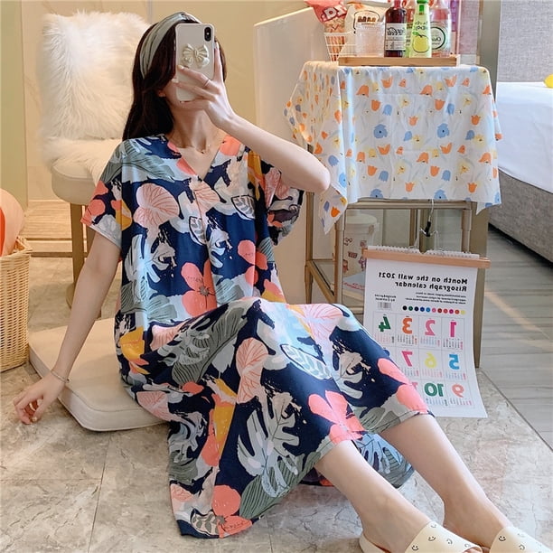 Camisón de seda de algodón para mujer, pijama de verano de manga corta con estampado de dibujos animados, estilo de talla grande, suelto, de seda de algodón, ropa de casa fina