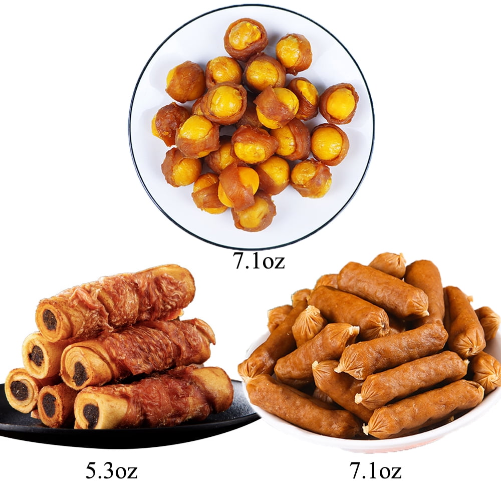 All Kinds of Chicken Flavor Dog Treats for Small Medium & Large Dog Made from Fresh Chicken Including Cowhide Wrapped in Chicken Egg Yolk Wrapped in Chicken Chicken Sausages. 1.2lbs