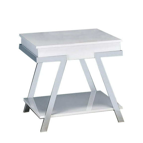 Tius 26 Inch Side End Table-Open Shelf-Chrome-High Gloss White Finish