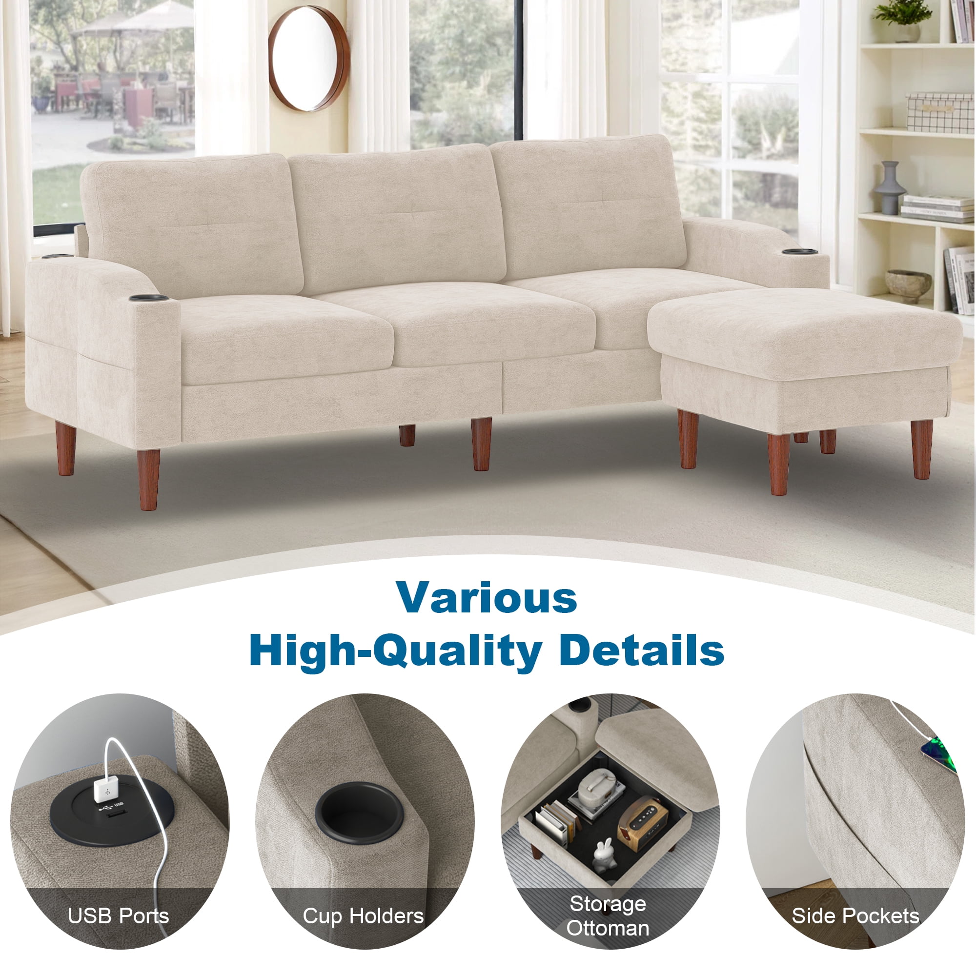 Aukfa L Shaped Sectional Sofa with USB Ports and Cup Holders, 78" 3 Seater Couch with Storage Ottoman, Beige