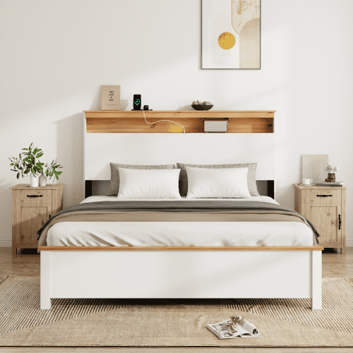 Full Size Rustic Farmhouse Platform Bed Frame with Storage Headboard, LED Lights and Charging Station, No Box Spring Needed for Bedroom, Antique White