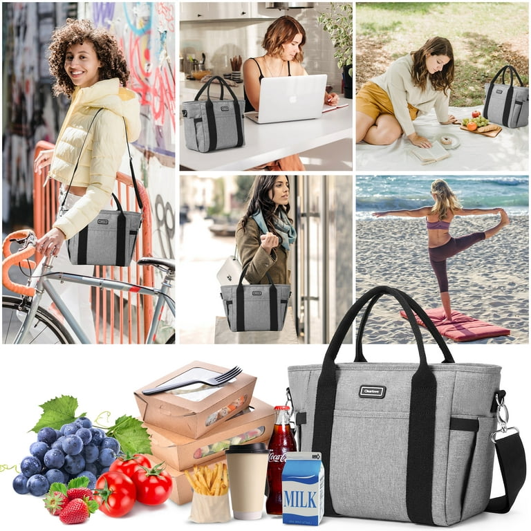 DSstyles Insulated Lunch Bags for Women - Large Tote Adult Lunch Box for  Women with Shoulder Strap, Side Pockets and Water Bottle Holder, Gray, S  Size