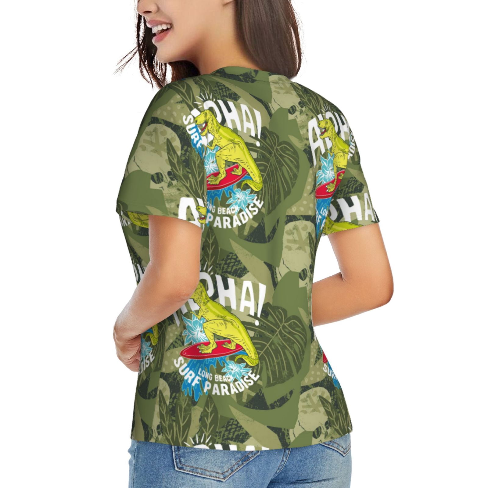 Vsdgher Surfing Dinosaur Women Shirts V Neck Short Sleeve Tops T-Shirt Basic Tees, S to 3XL3X-Large