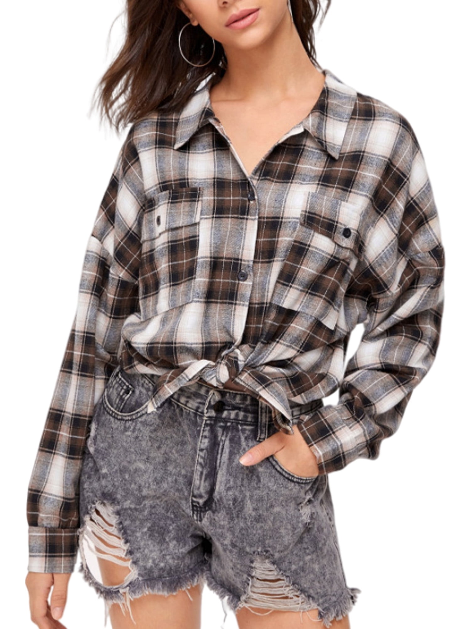 Bsubseach Long Sleeve Jacket with Pocket Plaid Color Block Buttoned Casual Shirts Outerwear