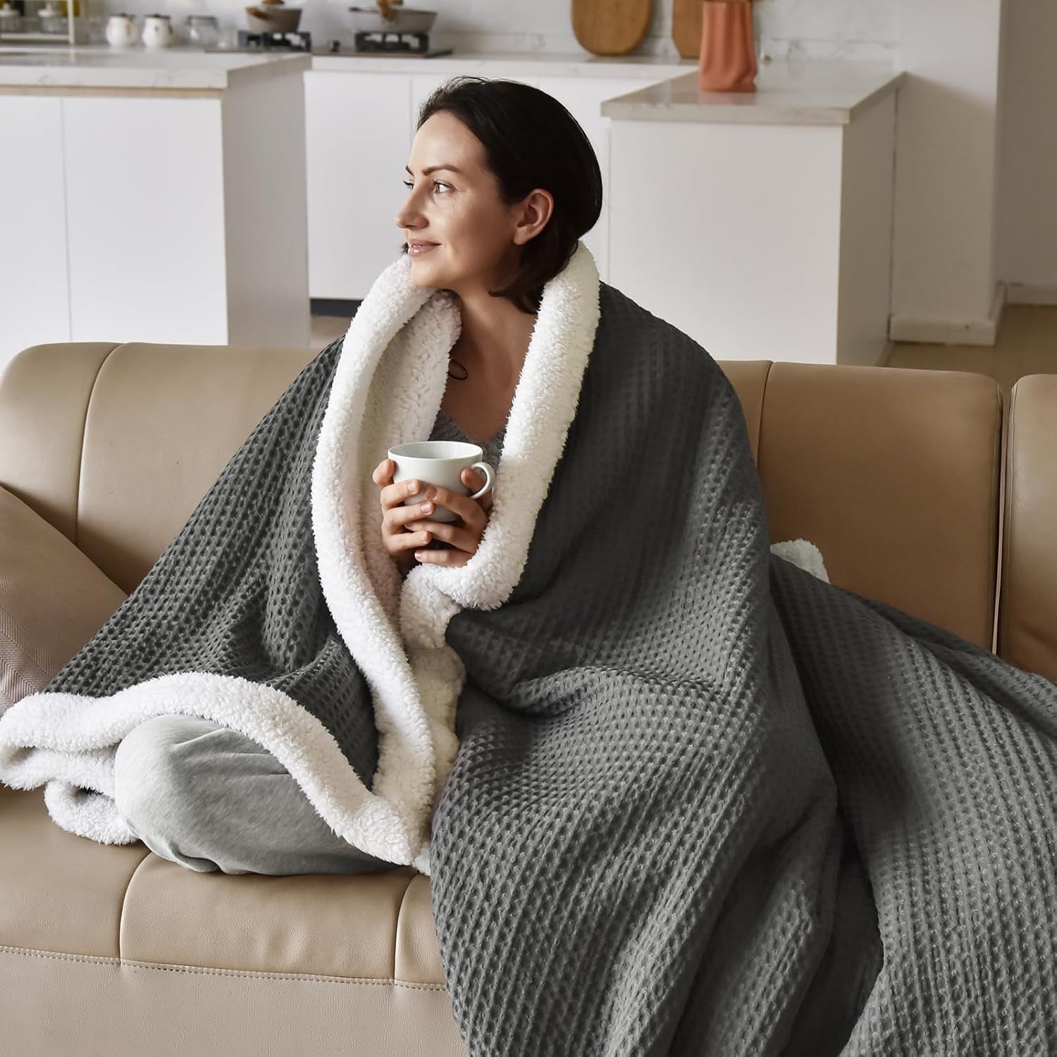 PHF Waffle Sherpa Bed Blanket Twin Size, Cozy Warm Reversible Plush Flannel Blanket for Winter, 60" x 80", Grey