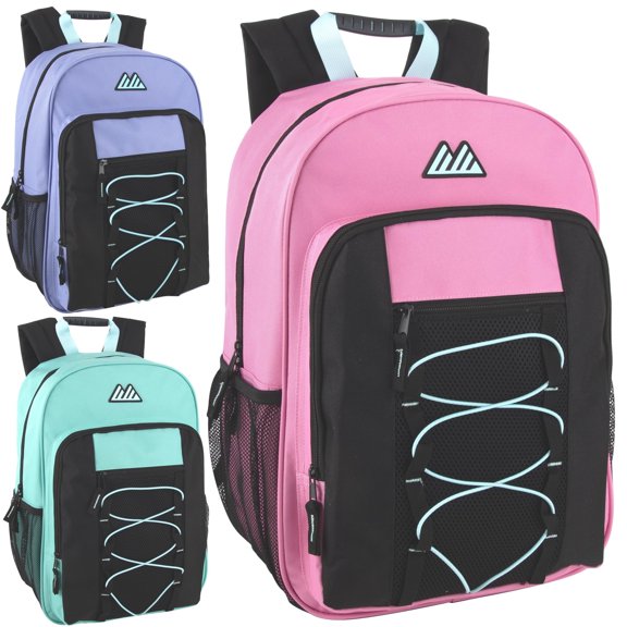 24 Pack Multipocket Bungee Cord Backpacks with Front Zippered Pockets and Side Mesh Pockets in Pastel Colors Pack