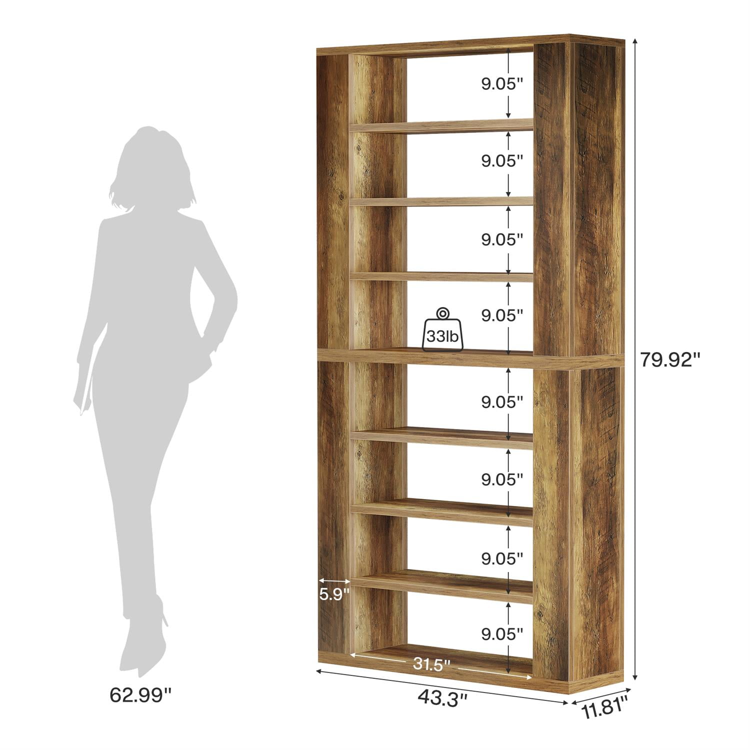 Demi Bonn 79" Rustic Wooden Bookcase, Multi-Level Display Storage, Sturdy & Spacious for Living Room, Brown