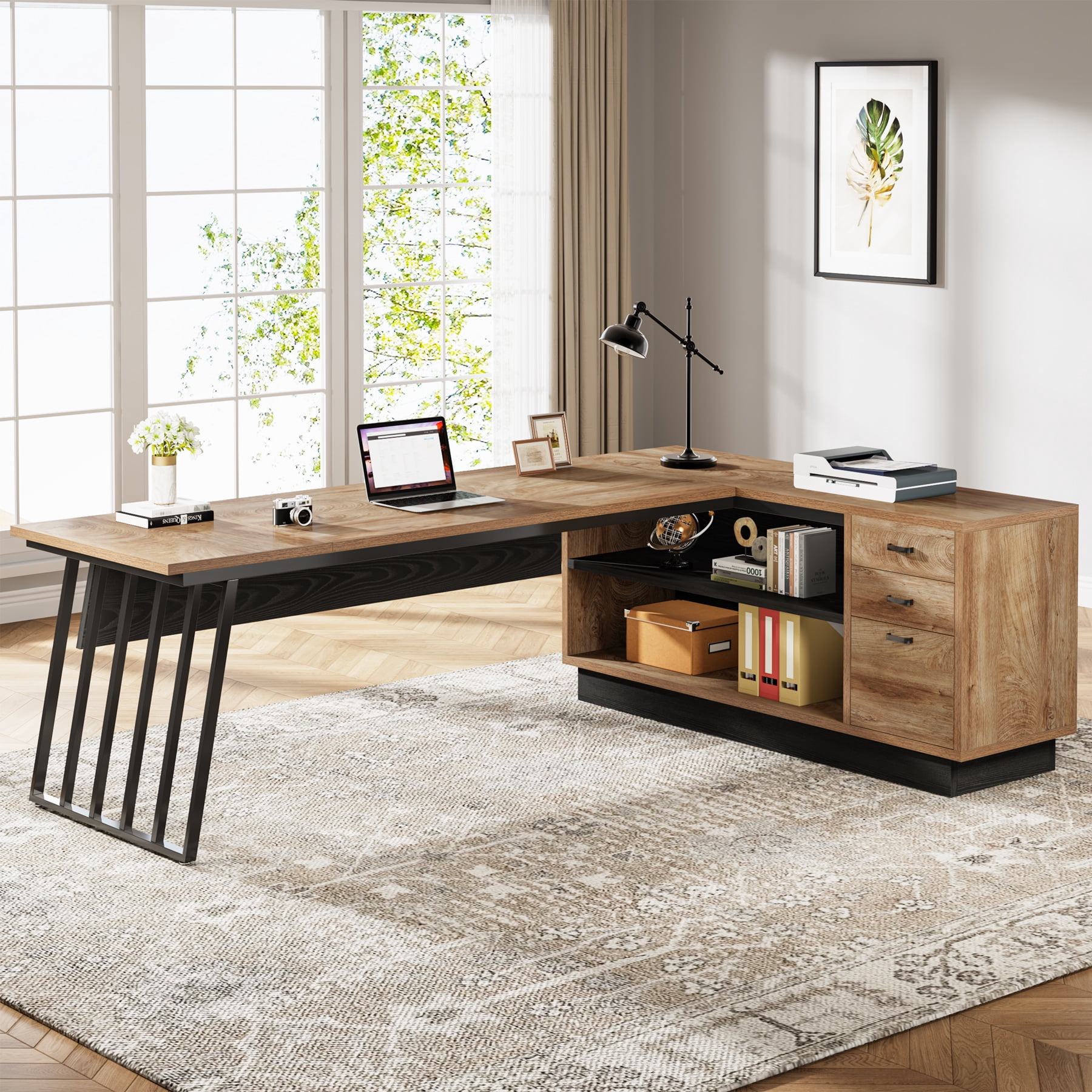 71-Inch L-Shaped Executive Desk, Large Office Desk with Cabinet and Shelves, Oak and Black