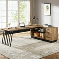thumbnail image 4 of 71-Inch L-Shaped Executive Desk, Large Office Desk with Cabinet and Shelves, Oak and Black, 4 of 7