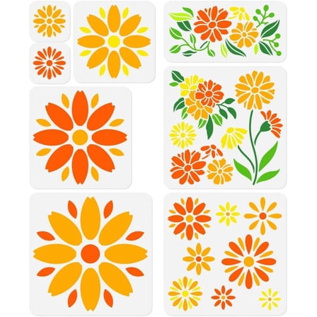 8Pcs Daisy Flower Wall Stencil Templates Reusable Plastic Floral Pattern Stencils for Painting on Wood Wall Floor Fabric Glass Furniture DIY Home Decor or Craft Stencils