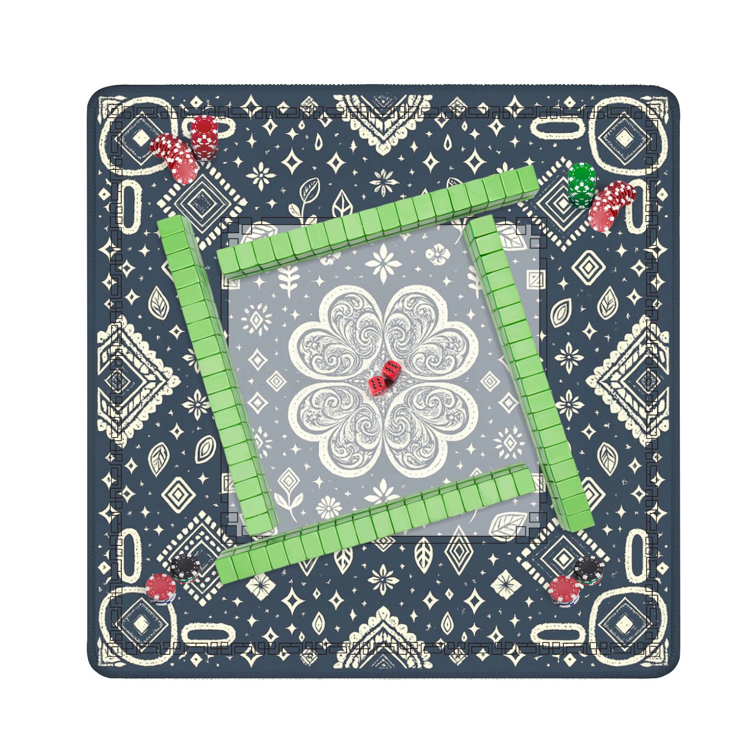 Mahjong Mat 31.5" x 31.5" Floral Geometric Ornate Swirls Leaves Dark Blue Anti-Slip and Noise Reduction Symmetry Design Mahjong Tiles Table Cover for Dominoes Poker Card Board and Tile Games